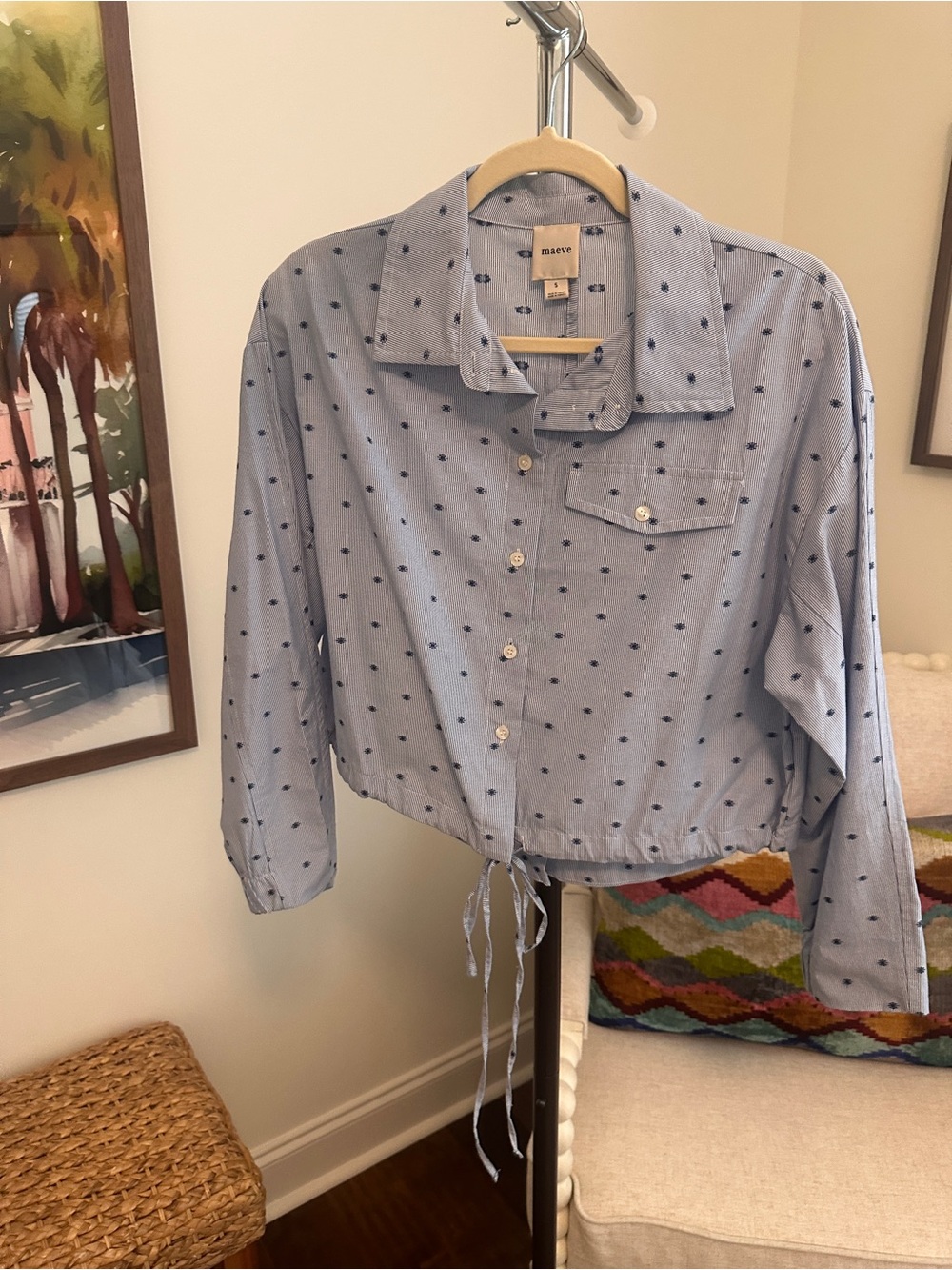 Maeve Light Blue Button-Up Shirt with Navy Dot Print